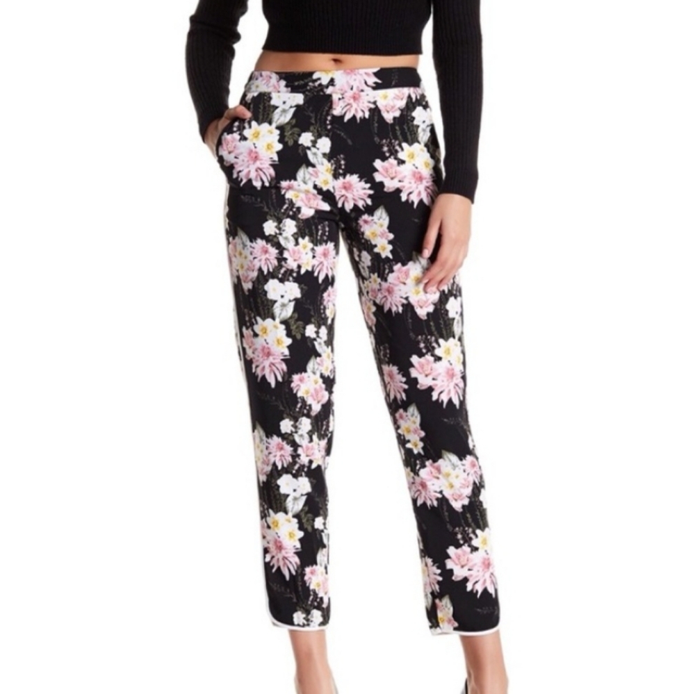 Kensie Women's Size XS Black Floral Pants Cropped Zipper Vacation Vibes Y2K